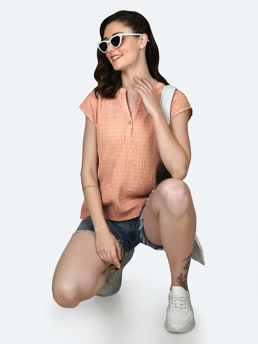 Peach Self Design Round Neck Top
