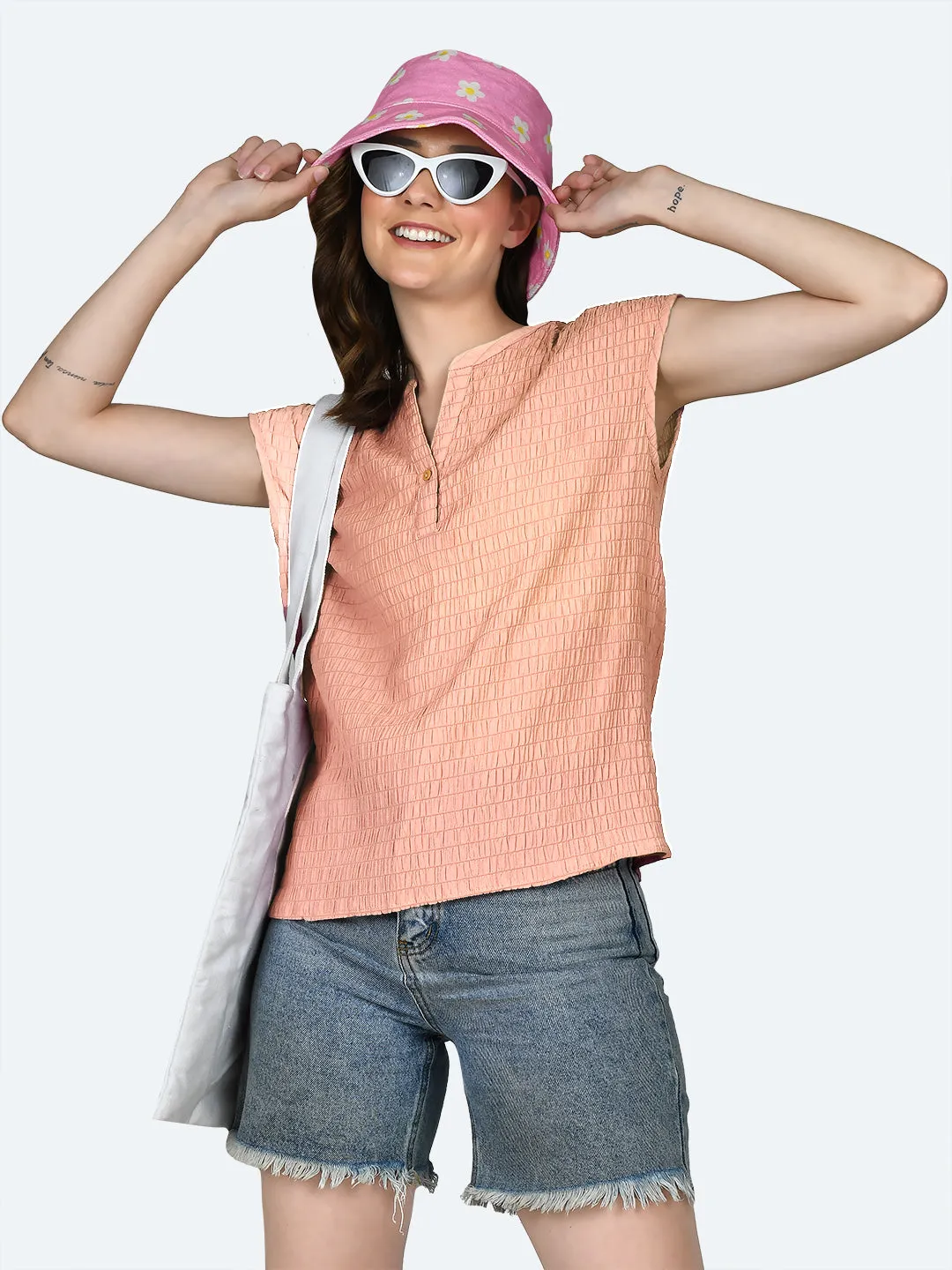 Peach Self Design Round Neck Top