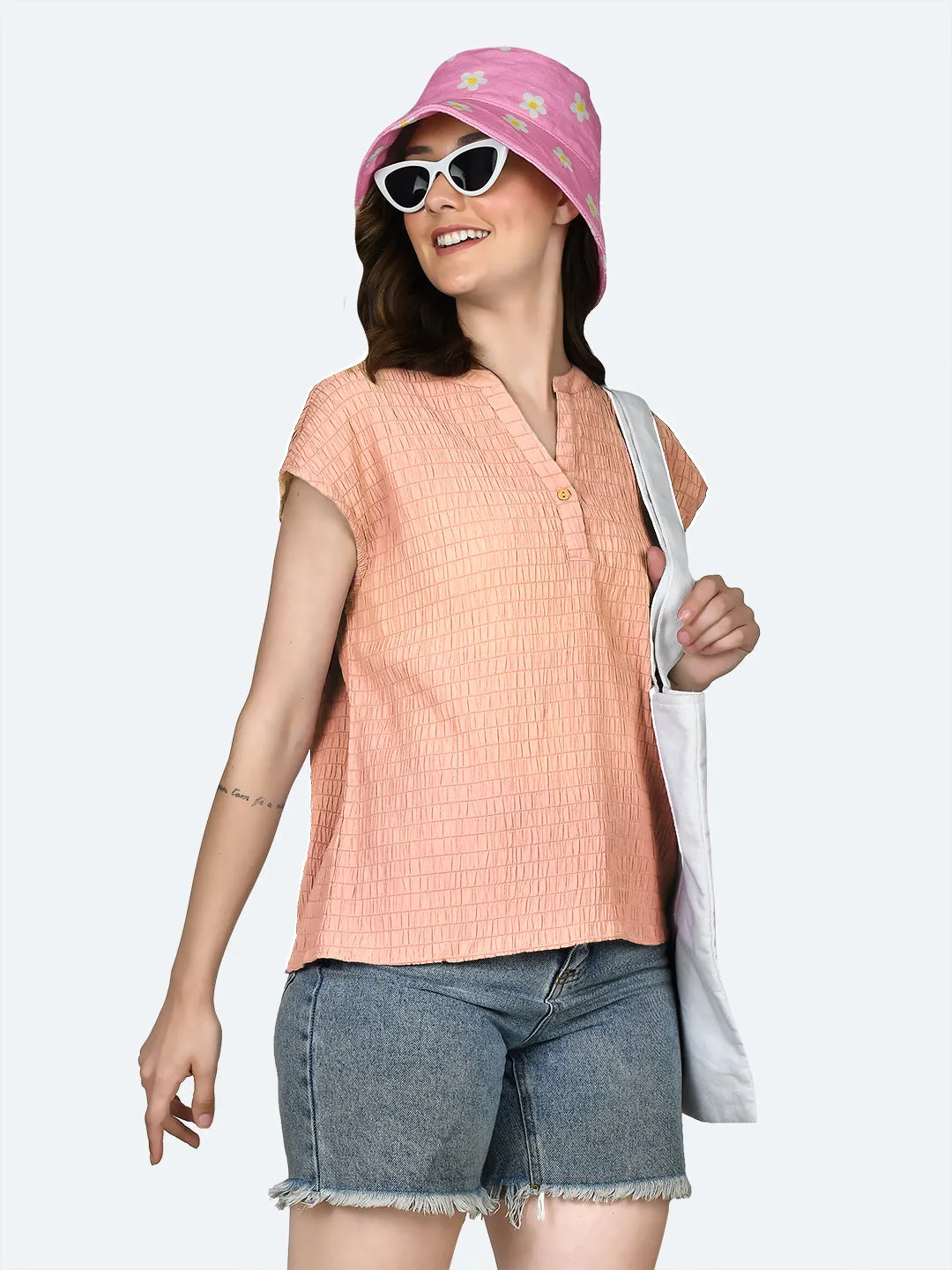 Peach Self Design Round Neck Top