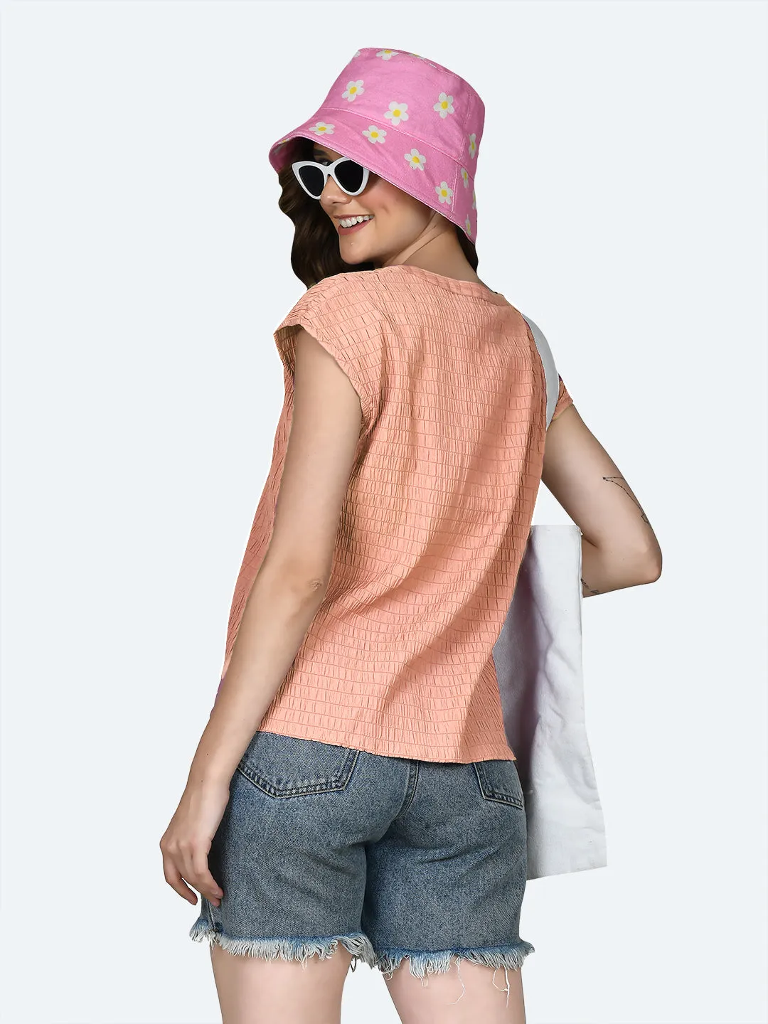 Peach Self Design Round Neck Top