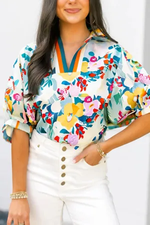 Peacock Blue Floral Print Slit V Neck Short Sleeve Blouse