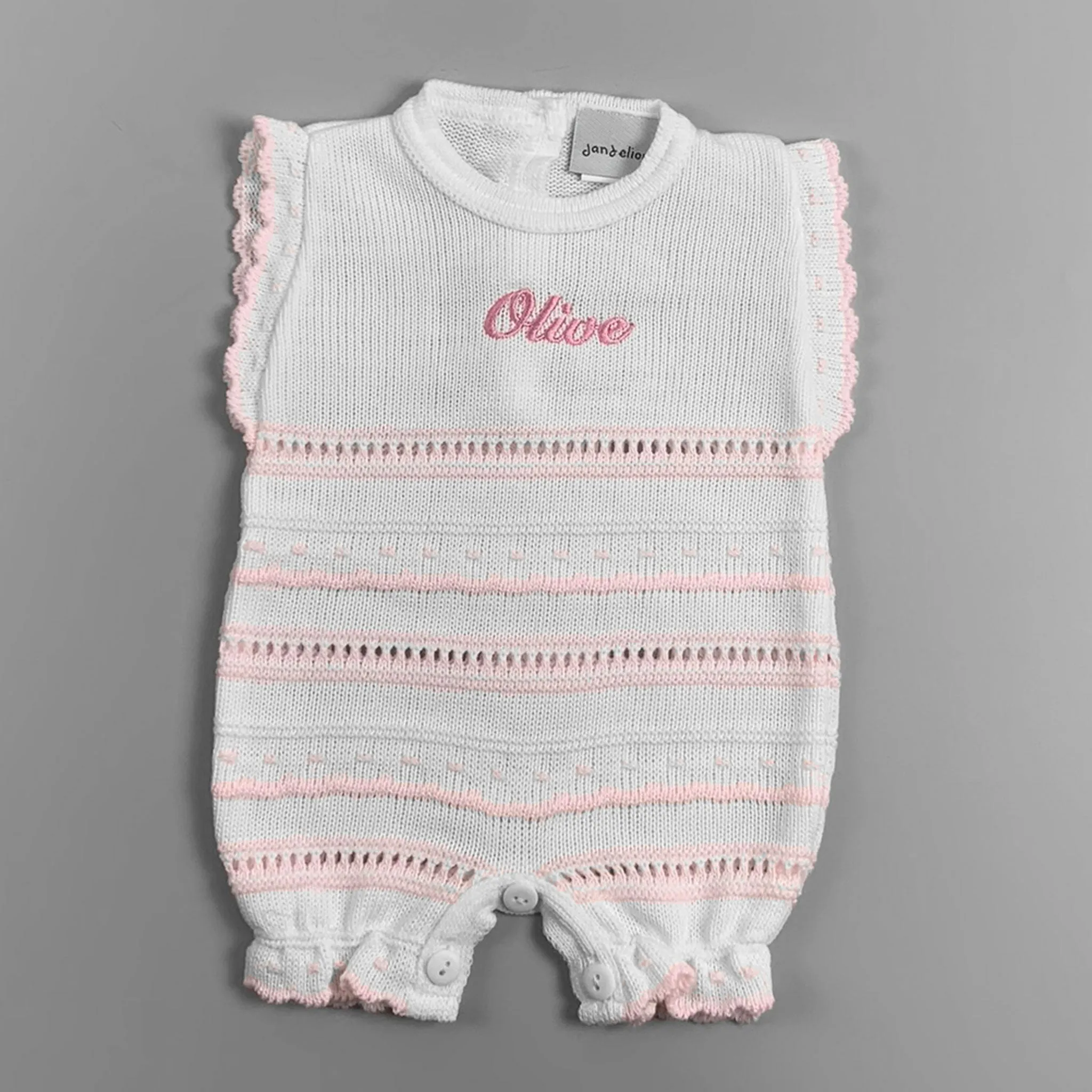 Personalised Baby Girls White and Pink Knitted Romper