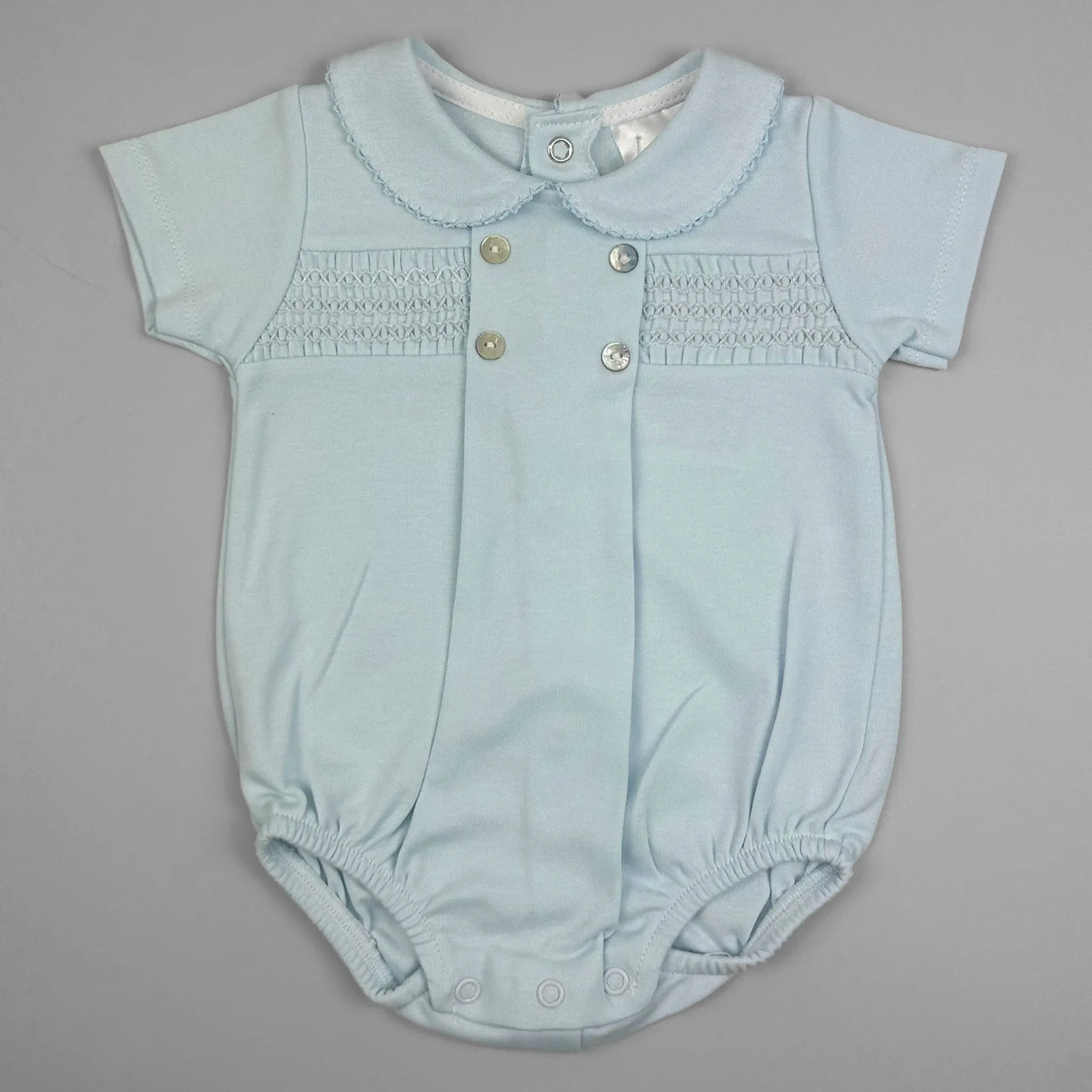 Pex Baby Boy Blue Romper – Peter Pan Collar & Smocked Front