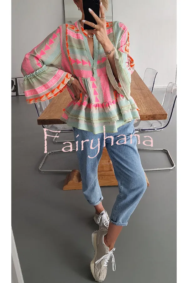 Phylis Linen Blend Colorful Ethnic Print Bell Sleeve Babydoll Blouse