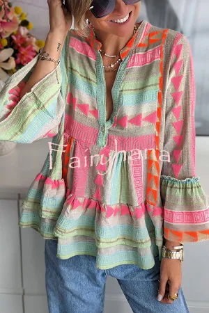 Phylis Linen Blend Colorful Ethnic Print Bell Sleeve Babydoll Blouse