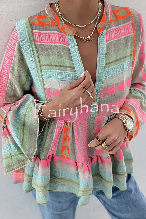 Phylis Linen Blend Colorful Ethnic Print Bell Sleeve Babydoll Blouse