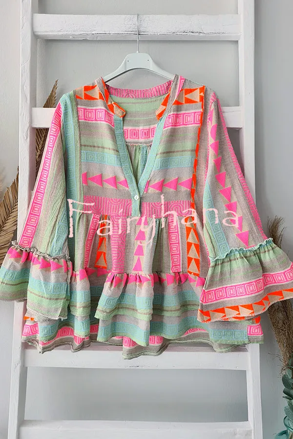 Phylis Linen Blend Colorful Ethnic Print Bell Sleeve Babydoll Blouse