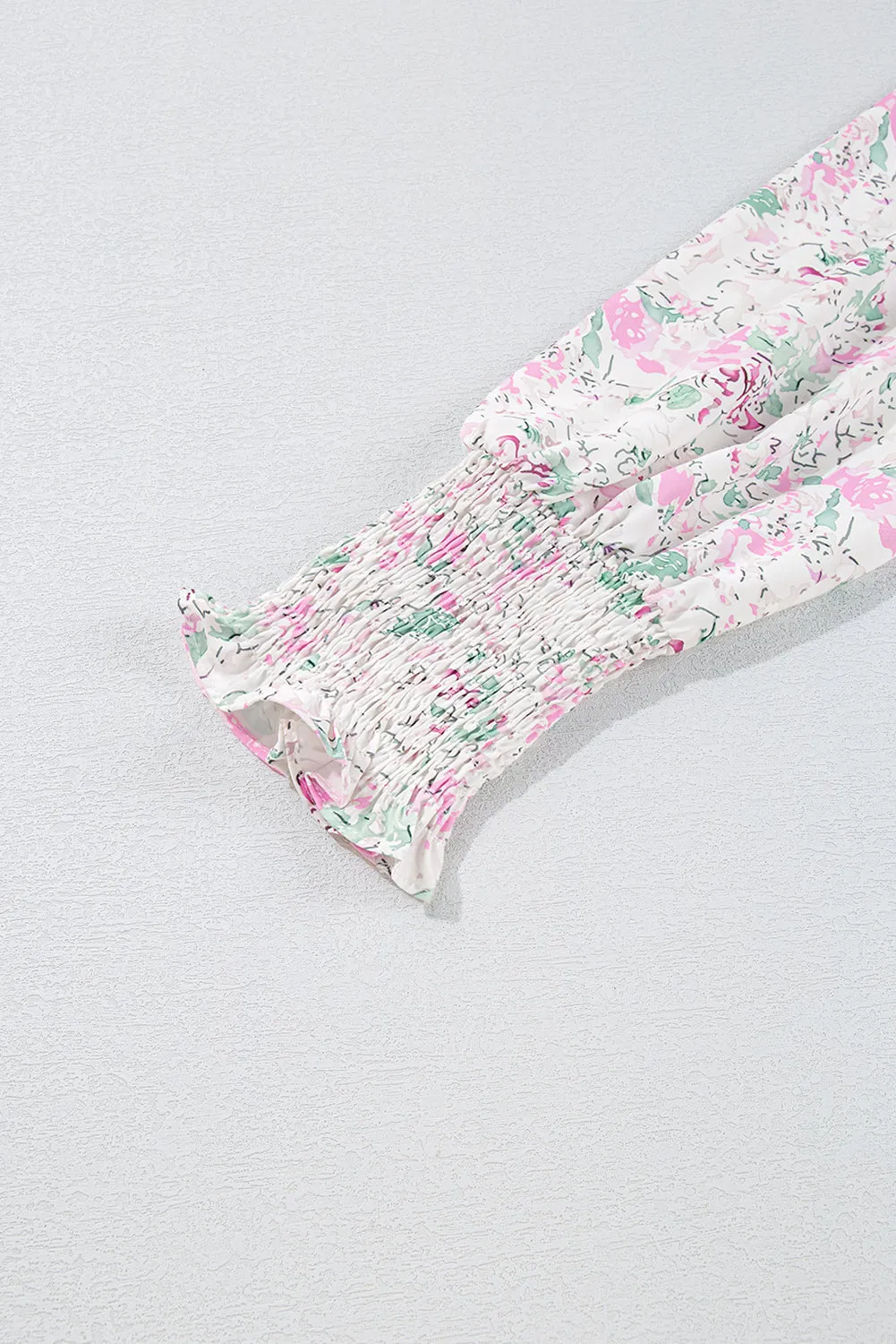 Pink Floral Print Shirred Balloon Sleeve Keyhole Back Babydoll Blouse