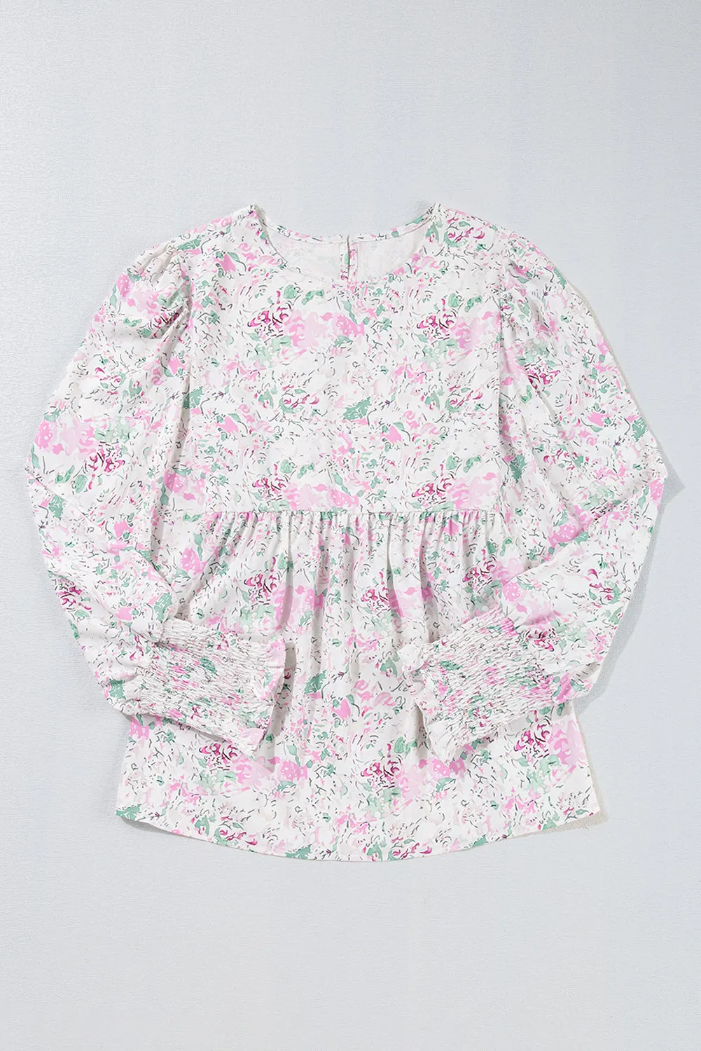 Pink Floral Print Shirred Balloon Sleeve Keyhole Back Babydoll Blouse