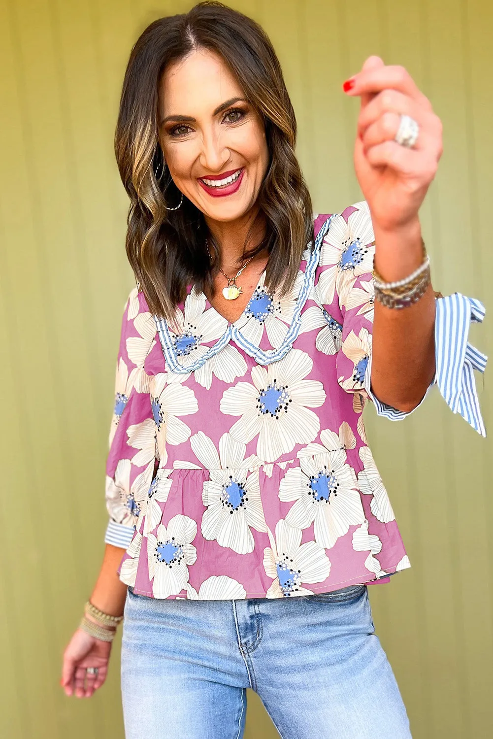 Pink Floral Print Striped Tie Sleeve Collared V Neck Blouse