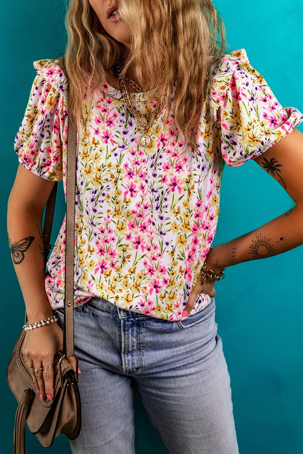 Pink Floral Puff Short Sleeve Crewneck Blouse
