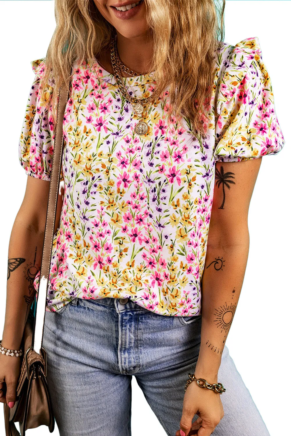 Pink Floral Puff Short Sleeve Crewneck Blouse