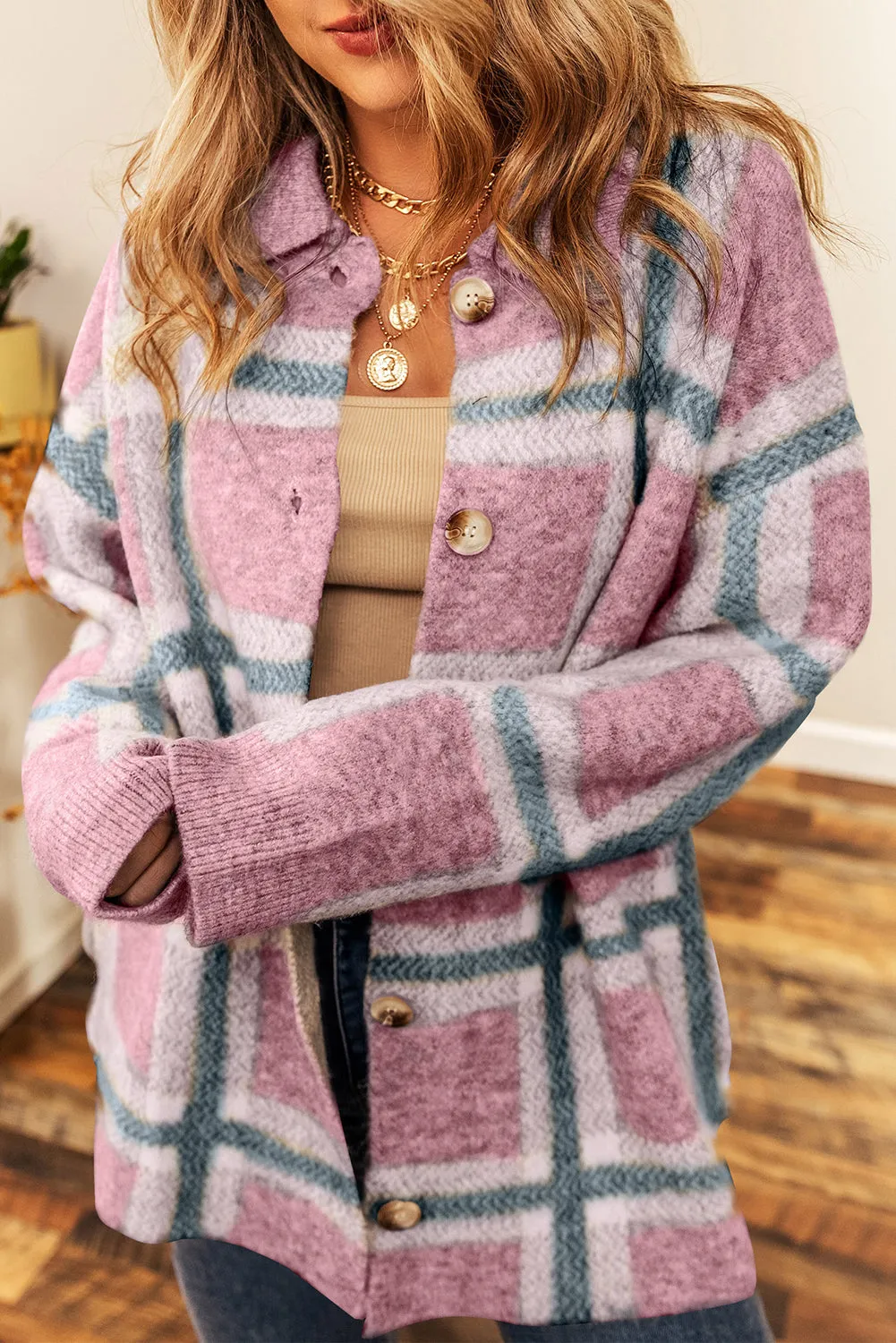 Pink Fuzzy Plaid Collared Button Up Cardigan