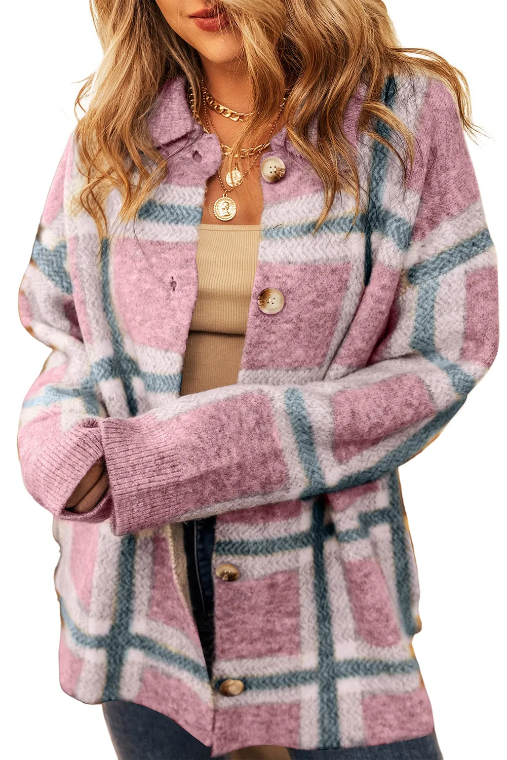 Pink Fuzzy Plaid Collared Button Up Cardigan