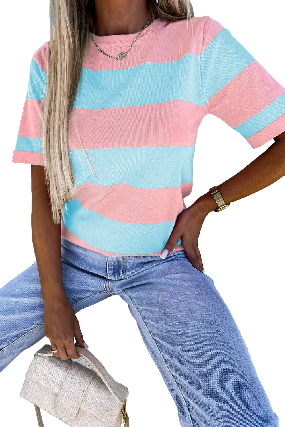 Pink Stripe Colorblock Striped Knitted T shirt