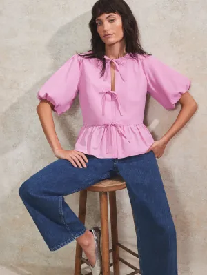 Pink Tie-Front Cotton Blouse