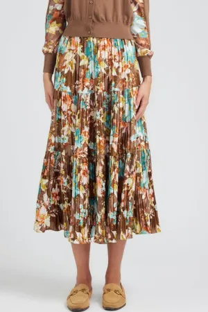 Pleated 3-Tiered Long Skirt in Brown Floral Print
