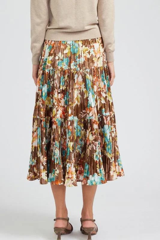Pleated 3-Tiered Long Skirt in Brown Floral Print