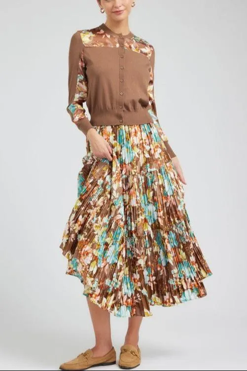 Pleated 3-Tiered Long Skirt in Brown Floral Print