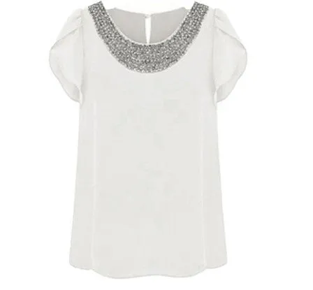 Plus Size 4XL Women Loose Chiffon Blouses Vintage Blouses Beading O-neck Pullover Costume Shirts