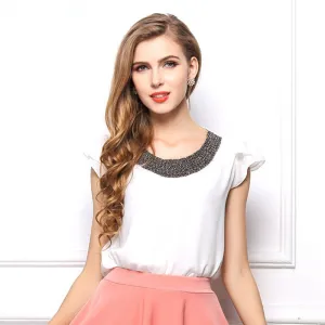 Plus Size 4XL Women Loose Chiffon Blouses Vintage Blouses Beading O-neck Pullover Costume Shirts