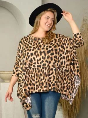 PLUS SIZE DRAPE SLEEVE LEOPARD PRINT TOP