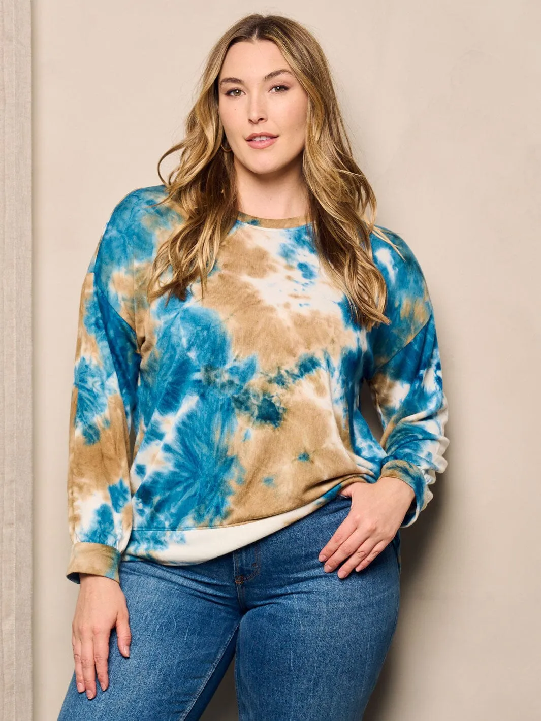 PLUS SIZE LONG SLEEVE TIE DYE PRINT TOP