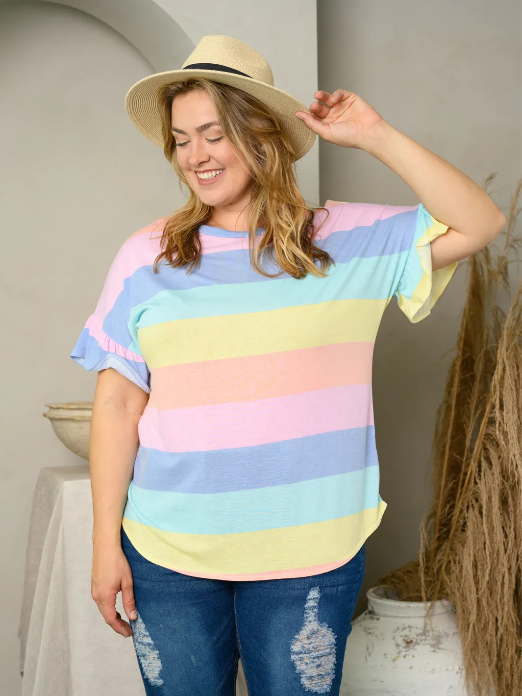 PLUS SIZE SHORT RUFFLE SLEEVE COLORBLOCK TOP