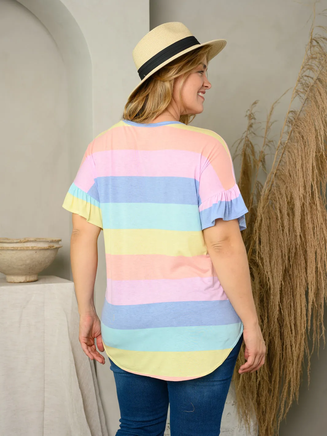 PLUS SIZE SHORT RUFFLE SLEEVE COLORBLOCK TOP