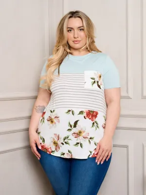 PLUS SIZE SHORT SLEEVE COLORBLOCK FRONT POCKET TOP