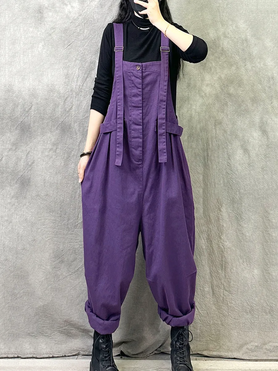 Plus Size Women Summer Casual Pure Color Cotton Jumpsuits