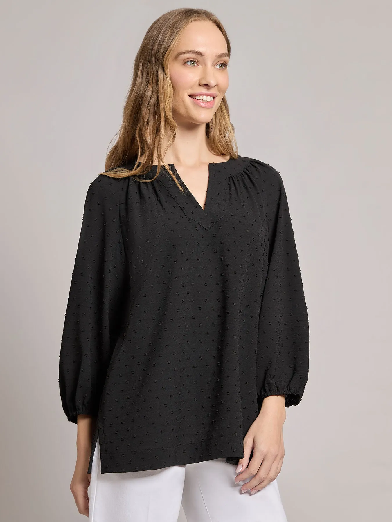 Print V-Neck Pleated Kelly Blouse, Jacquard