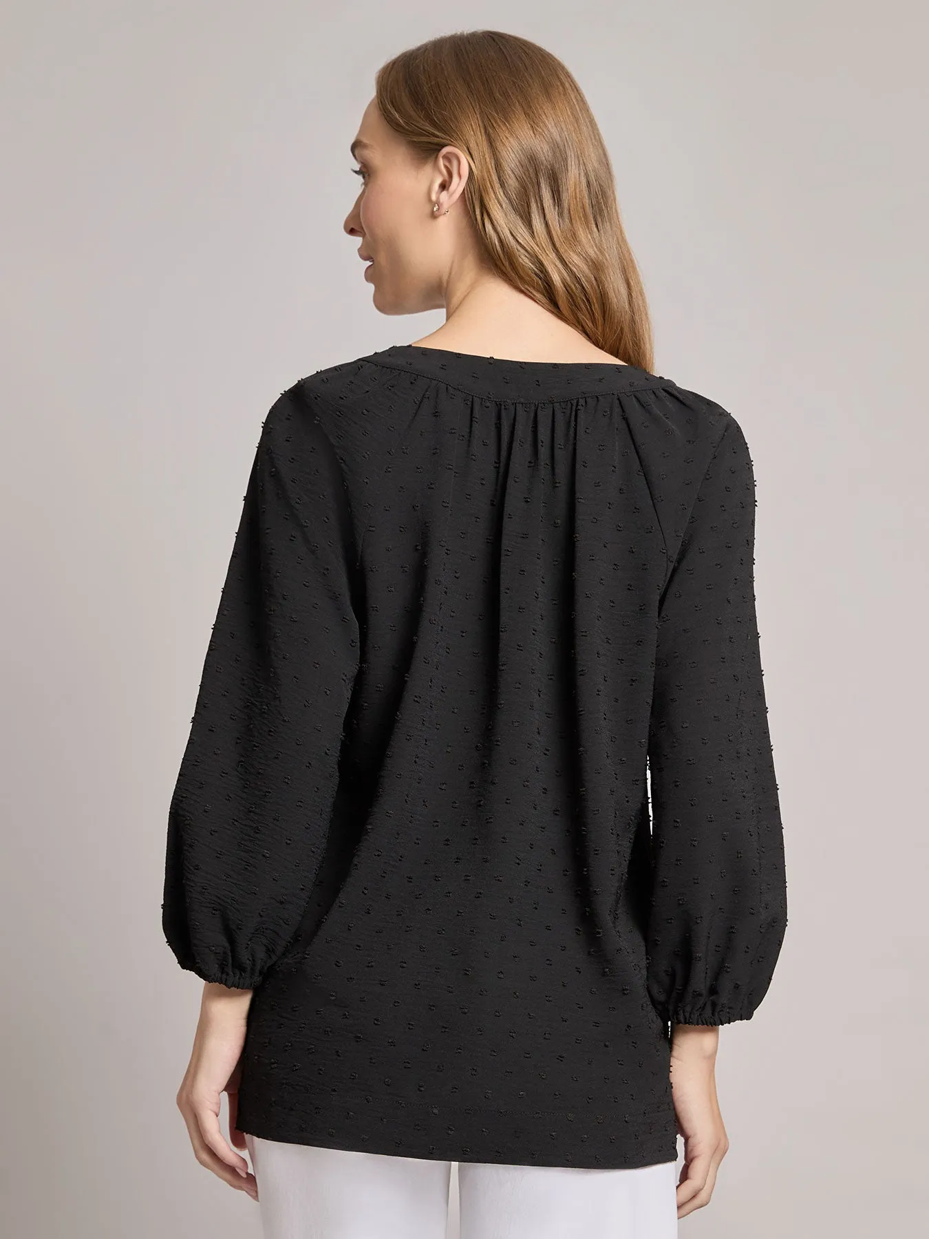 Print V-Neck Pleated Kelly Blouse, Jacquard