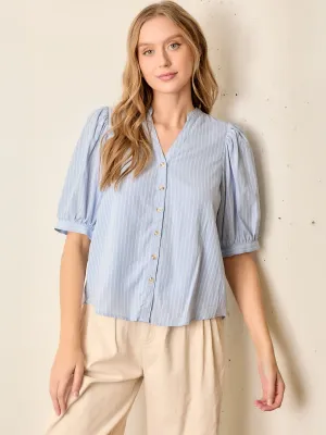 Puff Sleeve Stripe V Neck Button Down Shirt