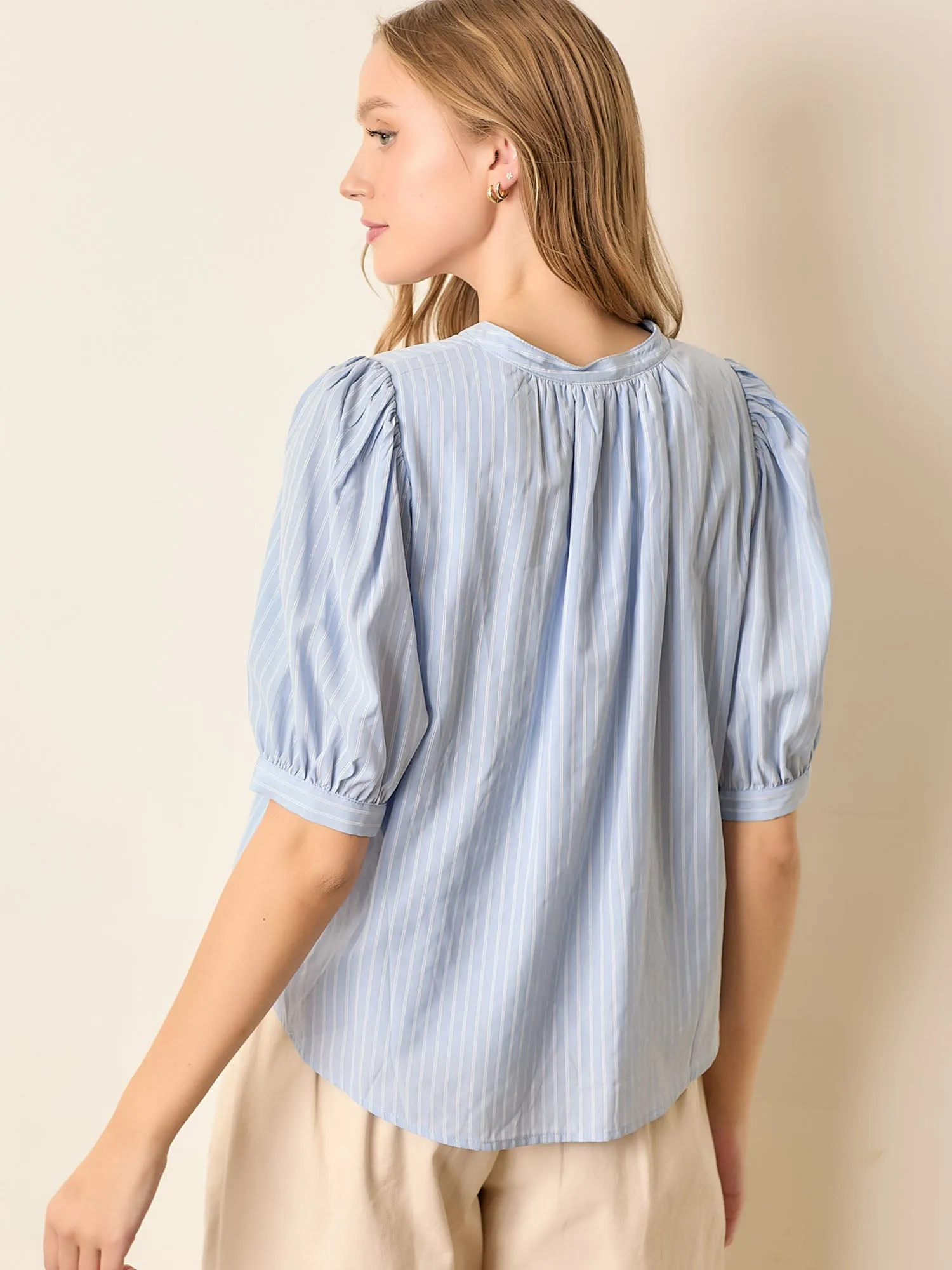 Puff Sleeve Stripe V Neck Button Down Shirt