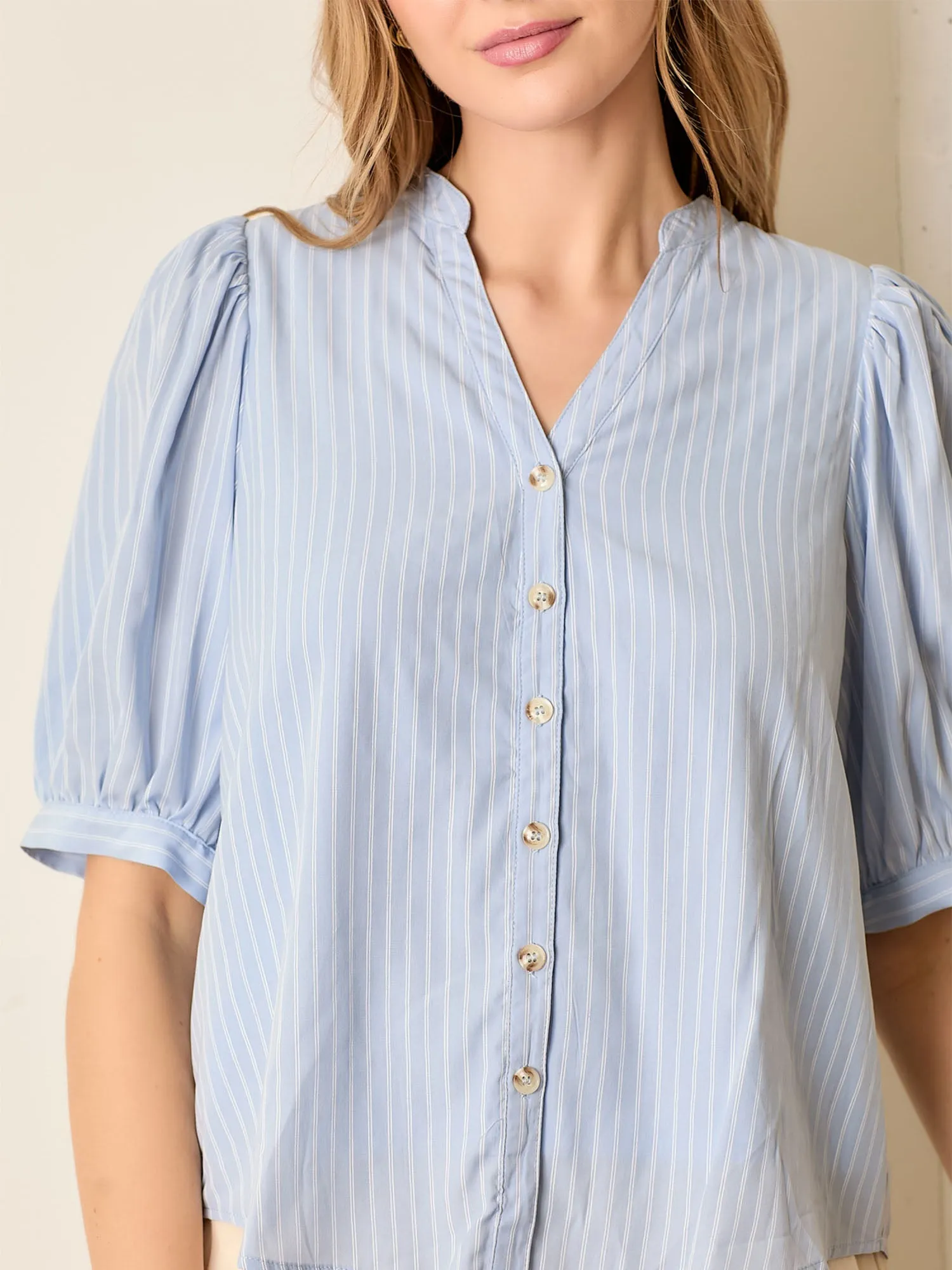 Puff Sleeve Stripe V Neck Button Down Shirt