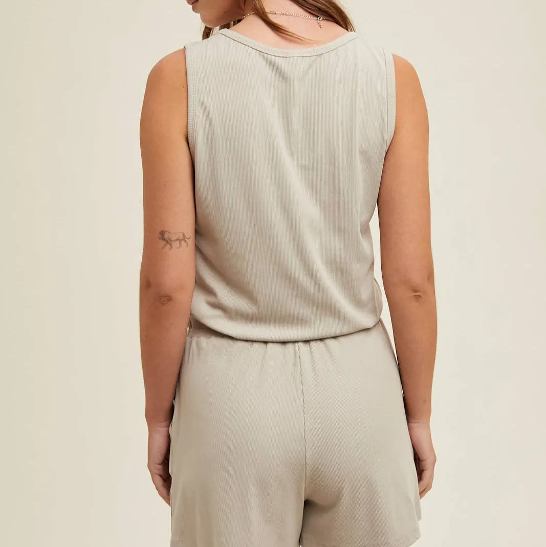 Quinn Ribbed Knit Tank Romper with Drawstring