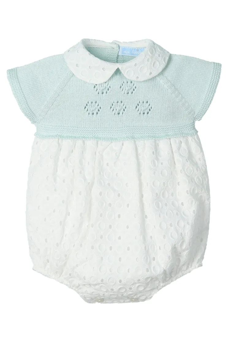 "Clarissa" Glacier Green Half Knit Broderie Anglaise Romper