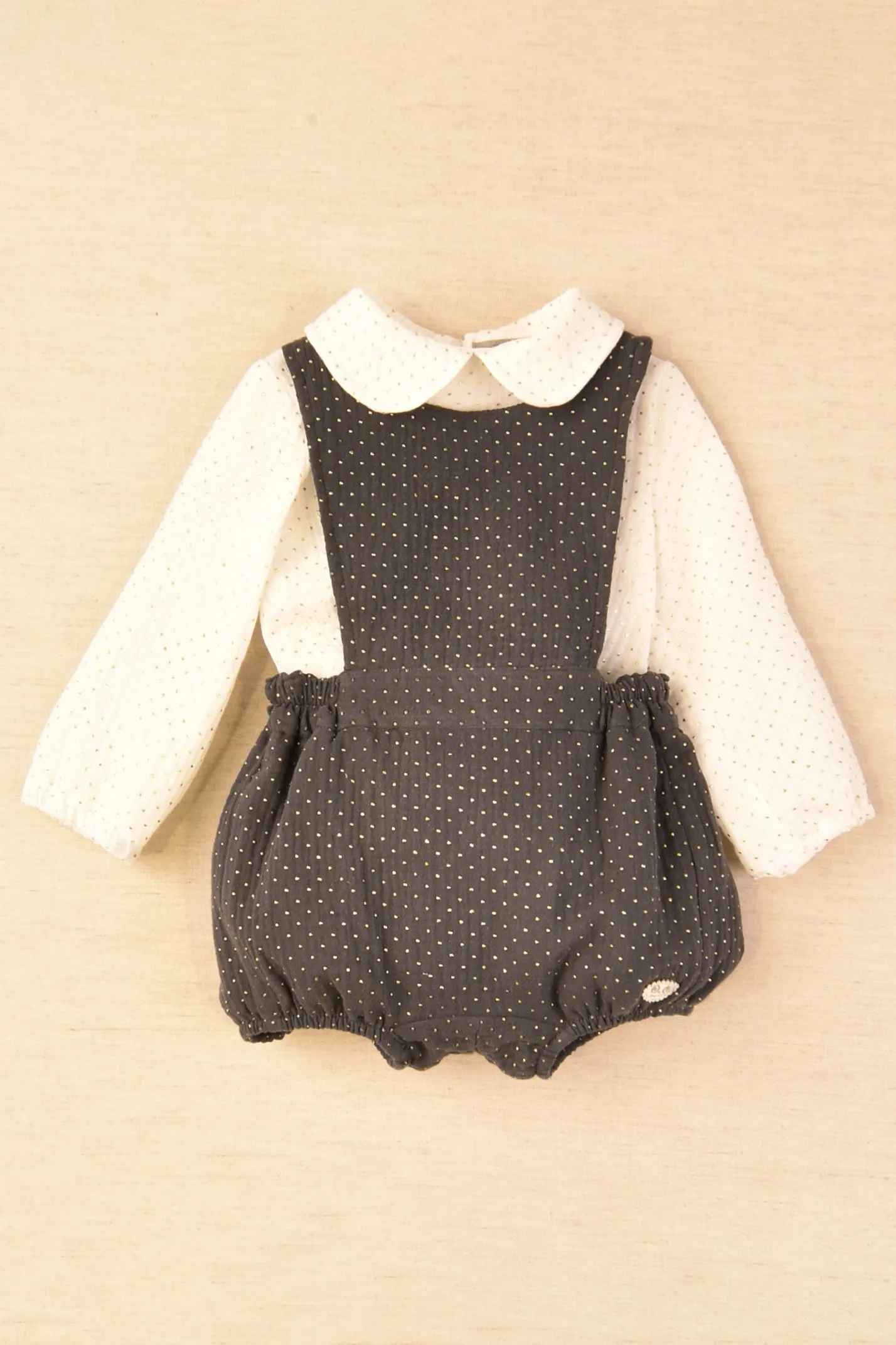 "Sebastian" Charcoal & Gold Polka Dot Romper Set