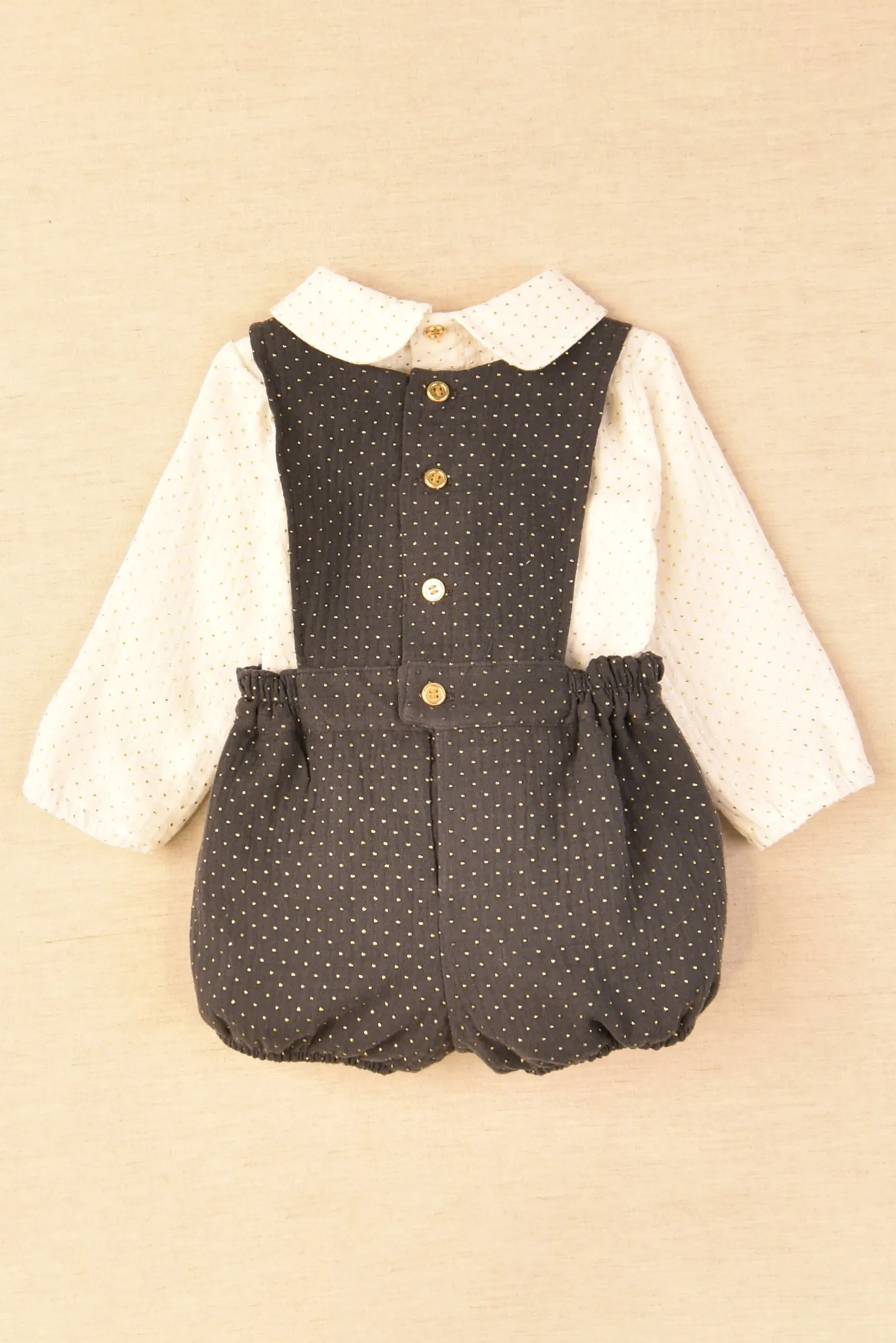 "Sebastian" Charcoal & Gold Polka Dot Romper Set