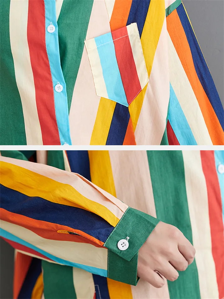 Rainbow Stripes Irregular Hem Lapel Shirt   Swing Skirt for Women