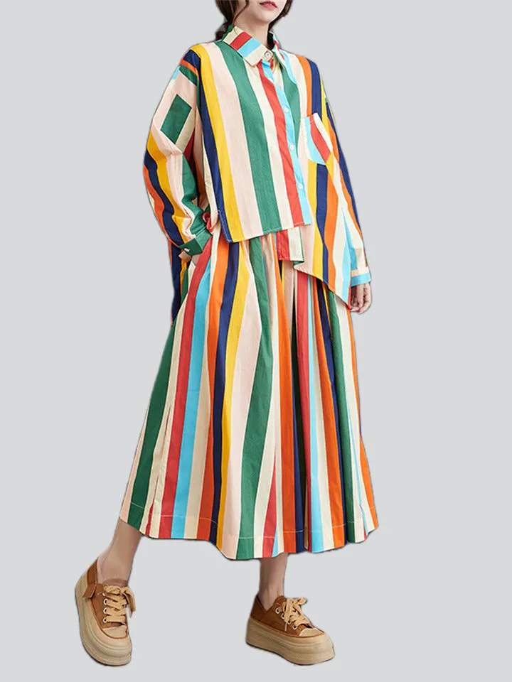 Rainbow Stripes Irregular Hem Lapel Shirt   Swing Skirt for Women