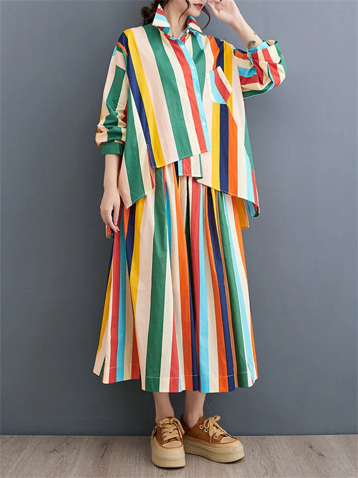 Rainbow Stripes Irregular Hem Lapel Shirt   Swing Skirt for Women