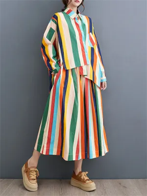 Rainbow Stripes Irregular Hem Lapel Shirt   Swing Skirt for Women