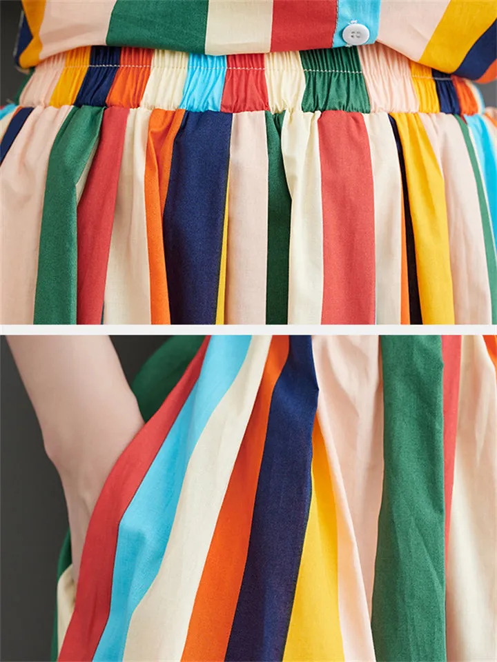 Rainbow Stripes Irregular Hem Lapel Shirt   Swing Skirt for Women