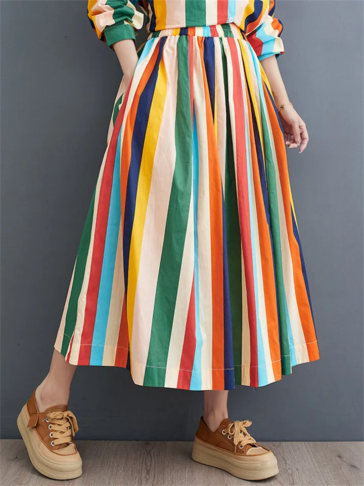 Rainbow Stripes Irregular Hem Lapel Shirt   Swing Skirt for Women