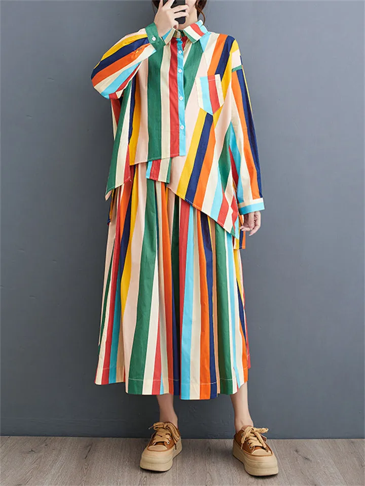 Rainbow Stripes Irregular Hem Lapel Shirt   Swing Skirt for Women