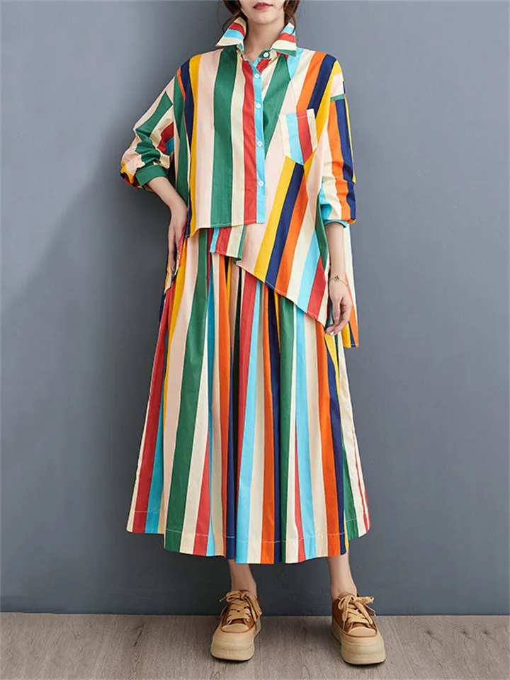 Rainbow Stripes Irregular Hem Lapel Shirt   Swing Skirt for Women