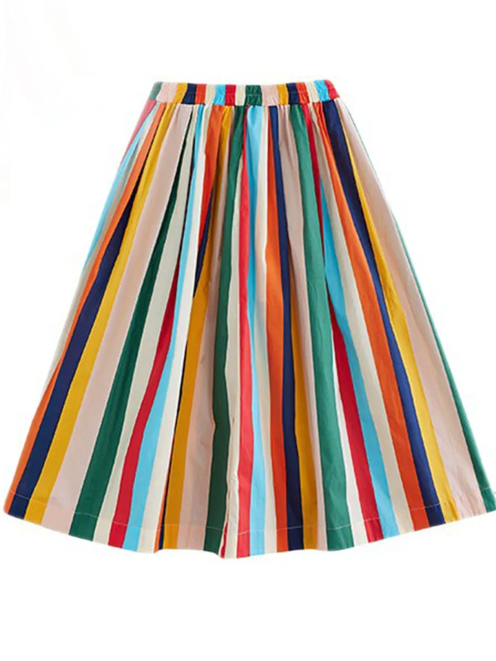 Rainbow Stripes Irregular Hem Lapel Shirt   Swing Skirt for Women