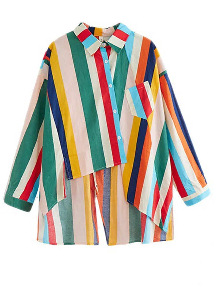 Rainbow Stripes Irregular Hem Lapel Shirt   Swing Skirt for Women